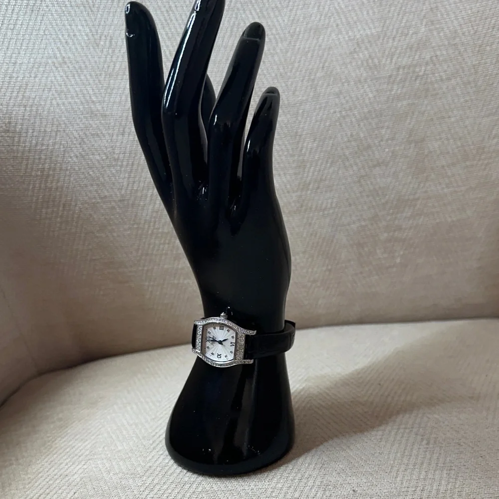 Elegant Black and Silver Affinity Leather Diamond Women's Watch.